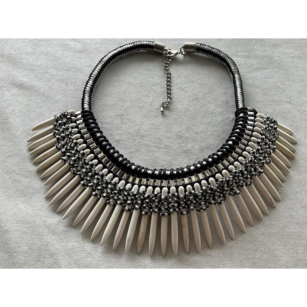Vintage bold tribal-style statement bib necklace Black Chord White Spike Accent